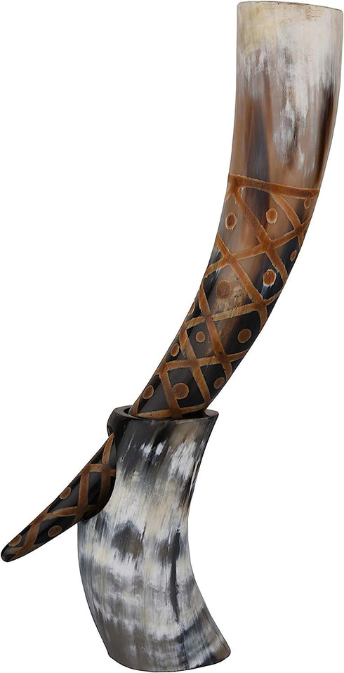 Real Ox Horn Drinking Horn with Stand Handmade Viking Style Ale Beer Wine Goblet Chalice Mead Medieval Burlap Tumbler Beaker Vessels (14 Inches, Auger Midnight)